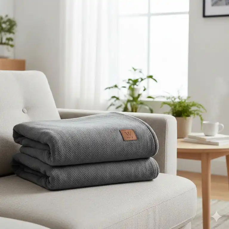 Beste gewichtete Decke 2026, ordentlich gefaltet auf einem Sofa im Wohnzimmer.