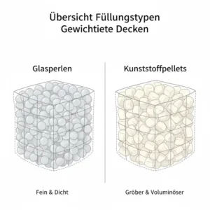 Übersicht Füllungstypen von gewichtete decke vergleich 2026 (Glasperlen vs. Kunststoffpellets).