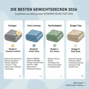 Übersicht der verschiedenen Modelle im schwere decke test 2026, inklusive Bewertung und Eigenschaften.