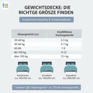 Tabelle zur Auswahl des idealen Gewichts für die Gewichtsdecke, basierend auf den Empfehlungen des schwere decke test 2026.
