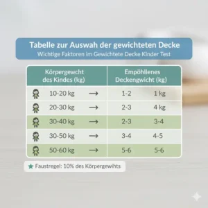 Tabelle zur Auswahl der richtigen gewichtete decke kinder test basierend auf dem Körpergewicht.