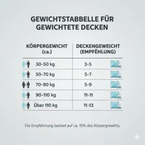 Eine hilfreiche Gewichtstabelle für die Auswahl beim gewichtete decke glasperlen test für Erwachsene.