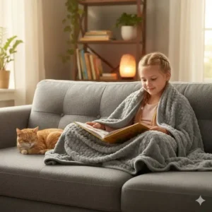 Ein Kind entspannt oder liest unter der gewichtete decke kinder test. Die beruhigende Wirkung der Decke.