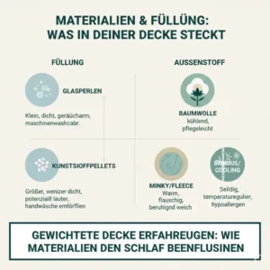 Ein Vergleich von Füllmaterialien (Glasperlen, Kunststoff) und Stoffen, die die gewichtete decke erfahrungen beeinflussen.