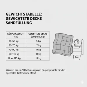 Eine Tabelle zur Auswahl des richtigen Gewichts für eine gewichtete decke sandfüllung.