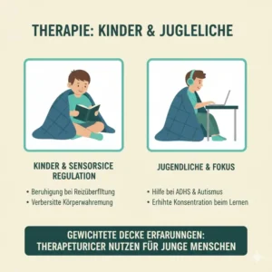 Illustration, die die therapeutische Anwendung der Decke bei Kindern hervorhebt und ihre speziellen gewichtete decke erfahrungen darstellt.