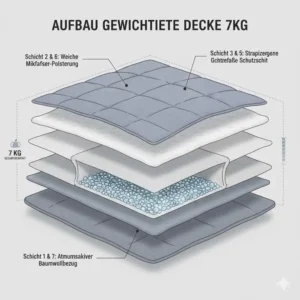 Infografik über den Schichtaufbau für den gewichtete decke 7kg test im Schlafzimmer.