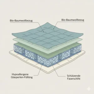 Illustration der inneren Schichten und Materialien einer hypoallergene gewichtete Decke.