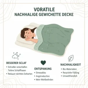 Infografik über die gesundheitlichen Vorteile, die eine nachhaltige gewichtete decke für den Schlaf bietet.