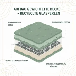 Querschnitt-Illustration zeigt den inneren Aufbau für eine nachhaltige gewichtete decke mit Glasperlen.
