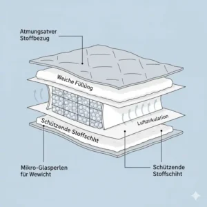 Illustration der verschiedenen Schichten einer atmungsaktive gewichtete Decke mit Glasperlen.