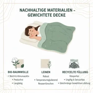 Eine Übersicht der ökologischen Materialien für eine nachhaltige gewichtete decke wie Leinen und Baumwolle.