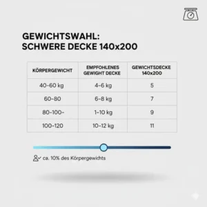 Eine Tabelle zur Gewichtsauswahl passend zum schwere decke 140x200 test.