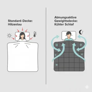 Infografik zum Vergleich einer Standarddecke mit einer atmungsaktive gewichtete Decke.