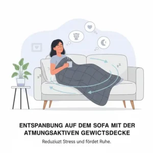 Eine Person entspannt sich unter einer atmungsaktive gewichtete Decke auf der Couch.
