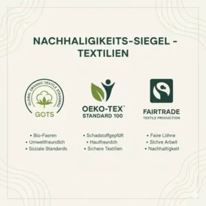 Darstellung der Textilsiegel für eine nachhaltige gewichtete decke zur Bestätigung der Umweltfreundlichkeit.