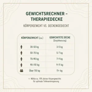 Tabelle zur Auswahl des passenden Gewichts für eine nachhaltige gewichtete decke nach Körpergewicht.
