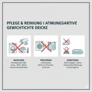 Symbole zur richtigen Reinigung und Pflege einer atmungsaktive gewichtete Decke.