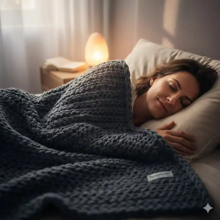 Eine entspannte Frau schläft tief unter einer gewichtete decke gegen schlaflosigkeit.