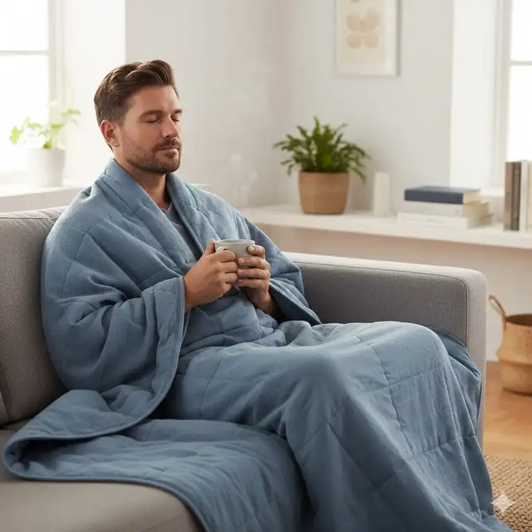 Ein entspannter Mann auf dem Sofa genießt eine gewichtete decke adhs erwachsene.