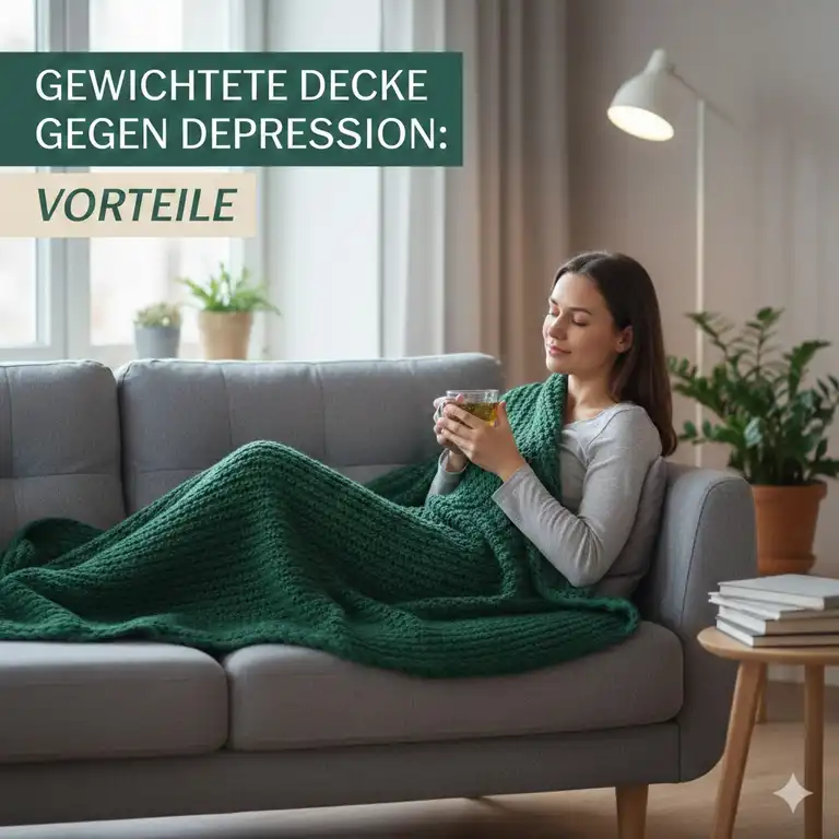 Eine Frau entspannt auf dem Sofa mit einer gewichtete decke gegen depression.