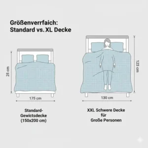 Infografik über die idealen Maße einer schwere Decke für große Personen im Vergleich zu Standardmaßen.
