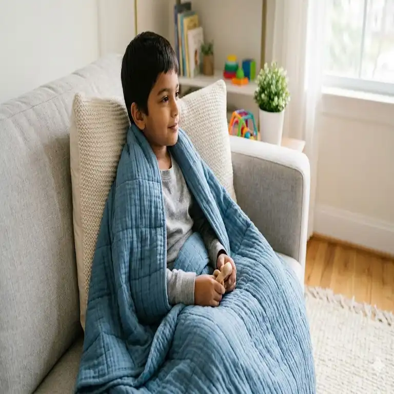 Ein entspanntes Kind nutzt eine gewichtete decke autism kinder zur Beruhigung auf dem Sofa.