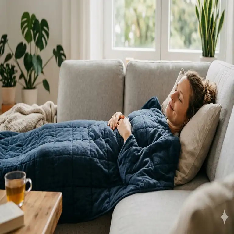 Eine entspannte Person nutzt eine schwerdecke tiefendruck therapie zur Entspannung auf dem Sofa.