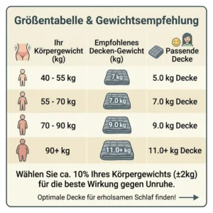 Eine hilfreiche Größentabelle zur Auswahl der passenden gewichtete decke gegen unruhe nach Körpergewicht.