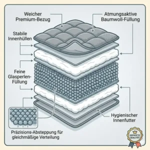 Detailansicht der verschiedenen Schichten und der Glasperlen-Füllung einer gewichtete decke gegen unruhe.