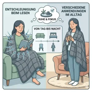Illustration verschiedener Anwendungsmöglichkeiten einer gewichtete decke gegen unruhe im Alltag.