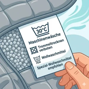 Nahaufnahme eines Pflegeetiketts mit Waschsymbolen – schwere decke reinigen tipps