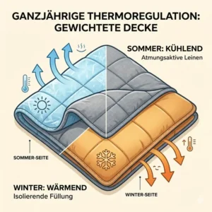 Infografik zur Temperaturregulierung einer gewichtete decke ganzjährig im Sommer und Winter.