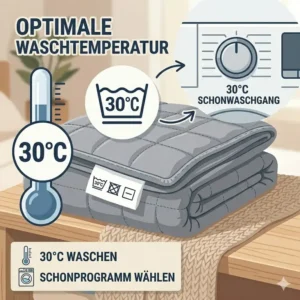 : Wichtige Gewichtete decke pflegehinweise bezüglich der empfohlenen Waschtemperatur von 30 Grad.