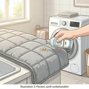 Sanfte Fleckenentfernung auf dem Bezug einer gewichteten Decke mit einem milden Reinigungsmittel.