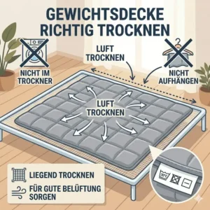 Gewichtete decke pflegehinweise für das korrekte, liegende Trocknen der Decke.