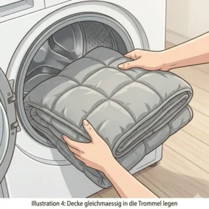 Eine gewichtete Decke wird gleichmaessig in die Trommel einer Waschmaschine eingelegt – Anleitung zum Waschen.