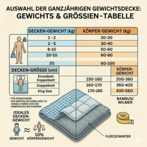 Übersichtliche Tabelle zur Auswahl der richtigen gewichtete decke ganzjährig basierend auf dem Körpergewicht.