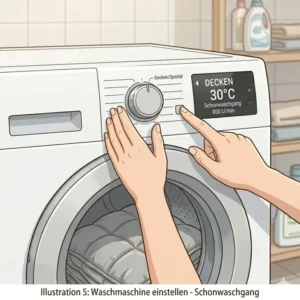 Auswahl des Schonwaschgangs und niedriger Temperatur am Bedienteil der Waschmaschine fuer eine gewichtete Decke.