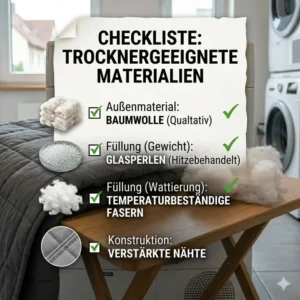 Checkliste der Materialien, die bestätigen, dass eine gewichtete decke trockner geeignet ist.