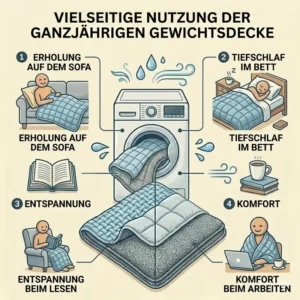 Verschiedene Anwendungsszenarien einer gewichtete decke ganzjährig beim Lesen, Arbeiten und Schlafen.