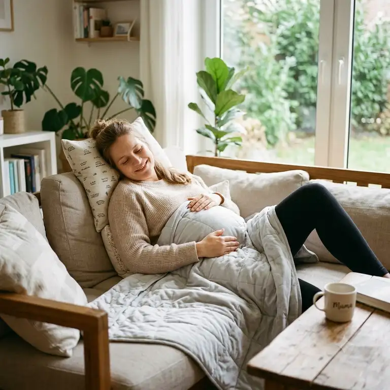 Eine schwangere Frau entspannt sich auf dem Sofa unter einer gemütlichen gewichtete decke schwangerschaft für besseren Schlaf.