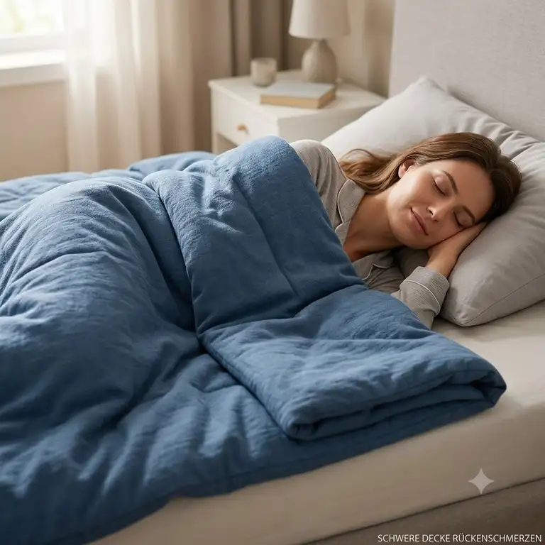 A person sleeping peacefully in bed under a cozy weighted blanket to find relief from schwere decke rückenschmerzen.