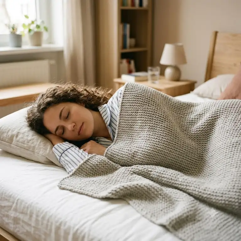 1. Eine entspannte Person liegt im Bett unter einer Decke, die zeigt, wie eine gewichtete decke asthma sicher und atmungsaktiv sein kann.
