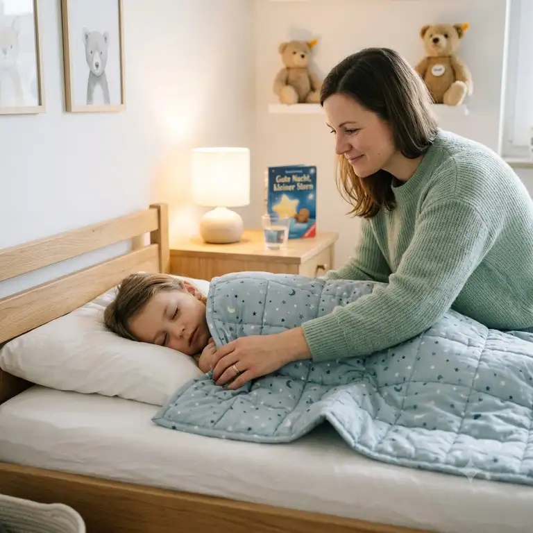 A mother lovingly covering her sleeping child with a weighted blanket to ensure safety and security.gewichtete decke kinder sicherheit