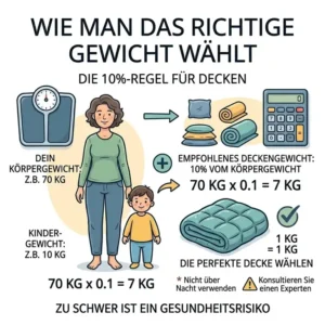 Grafik zur richtigen Gewichtsberechnung (10%-Regel) einer Therapiedecke, um eine Überlastung und das damit verbundene gewichtete decke gesundheit risiko zu vermeiden.