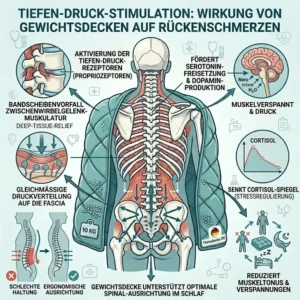 Explanatory infographic about deep pressure stimulation mechanisms reducing chronic schwere decke rückenschmerzen.