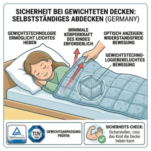 A child moving freely in bed showing the important safety of being able to push the weighted blanket away independently.