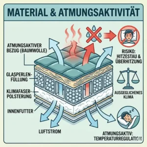 Querschnitt einer Therapiedecke mit Perlenfüllung zur Erklärung von Hitzestau und warum das Material beim Thema gewichtete decke gesundheit risiko eine Rolle spielt.