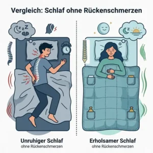 Split screen illustration comparing restless sleep versus a healthy back with no pain using schwere decke rückenschmerzen.